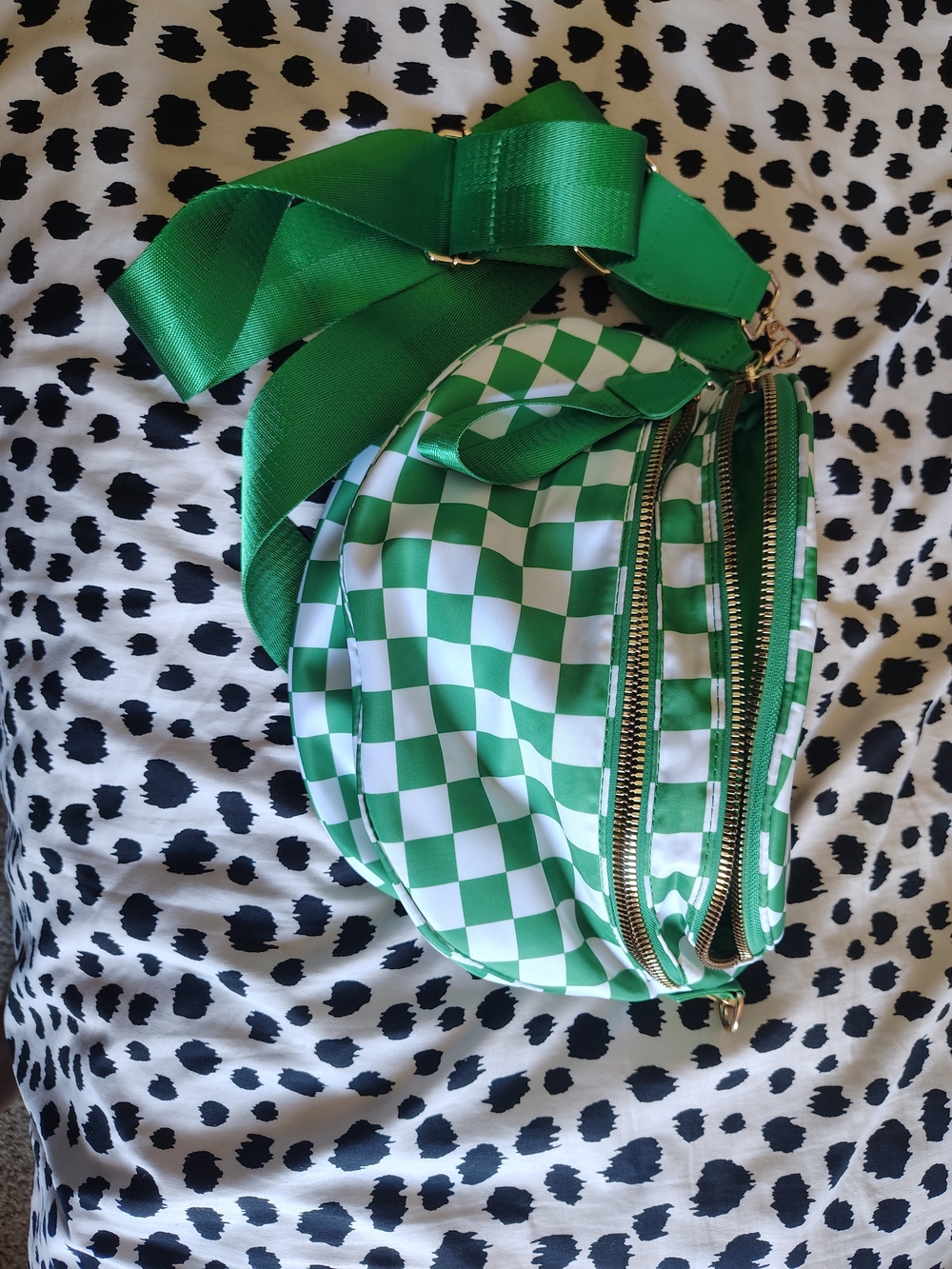 Green Checkerboard Crossbody Bag with Wide Strap